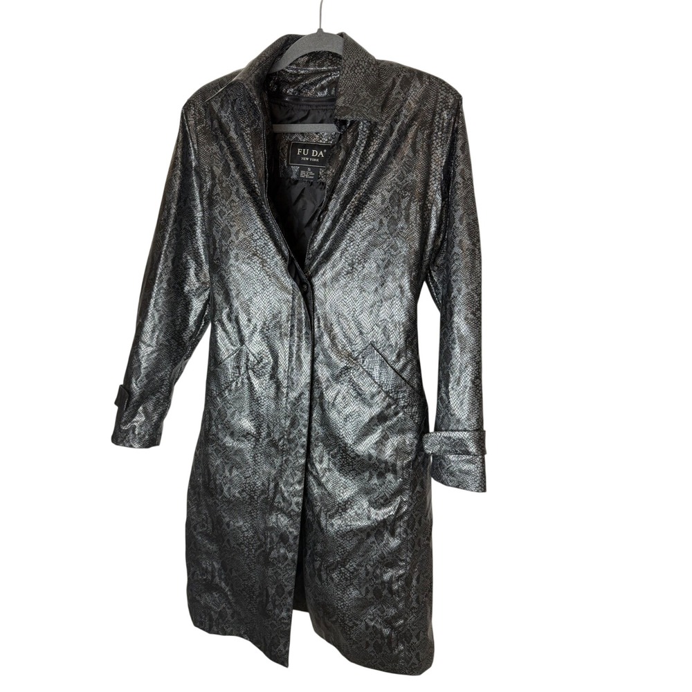 VTG FUDA NEW YORK Womens Snake Print Trench Coat Rain Jacket Metallic‎ Silver S